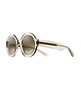 Round sunglasses featuring a plastic lens and a sleek metal frame, combining style and durability in a modern design.